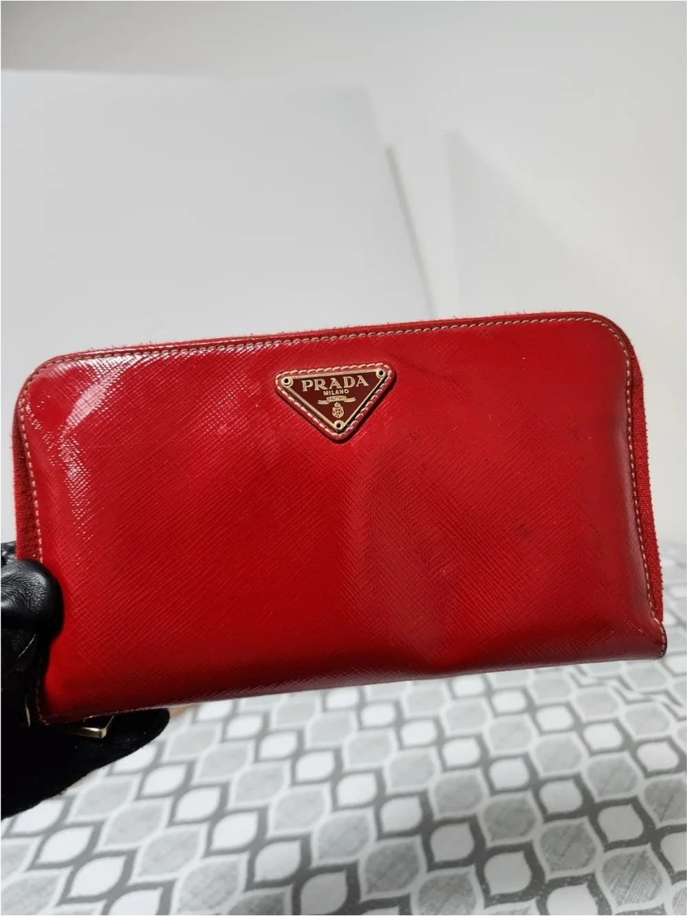 PRADA Patent Saffiano Triangle Large Zip Around Travel Wallet Red